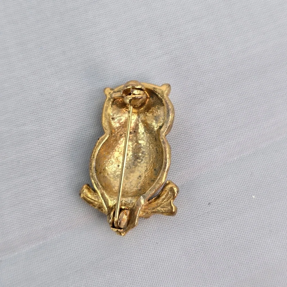 Vintage Gold Tone Enamel Owl Brooch Green Blue Rhinestone Eyes Bird Pin